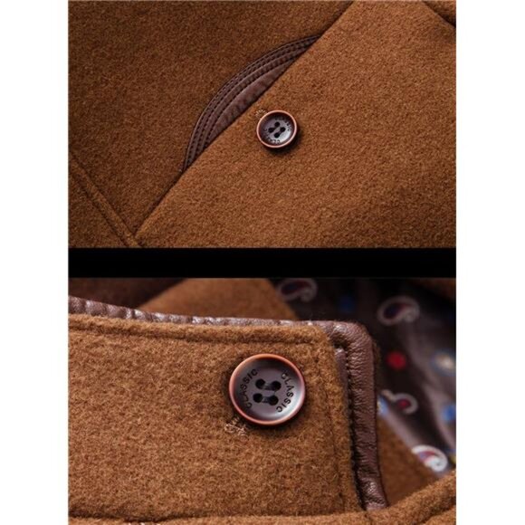 Men's Gentle Band Collar Single Breasted Wool Blend Pea Coat Brown - Picture 4 of 7